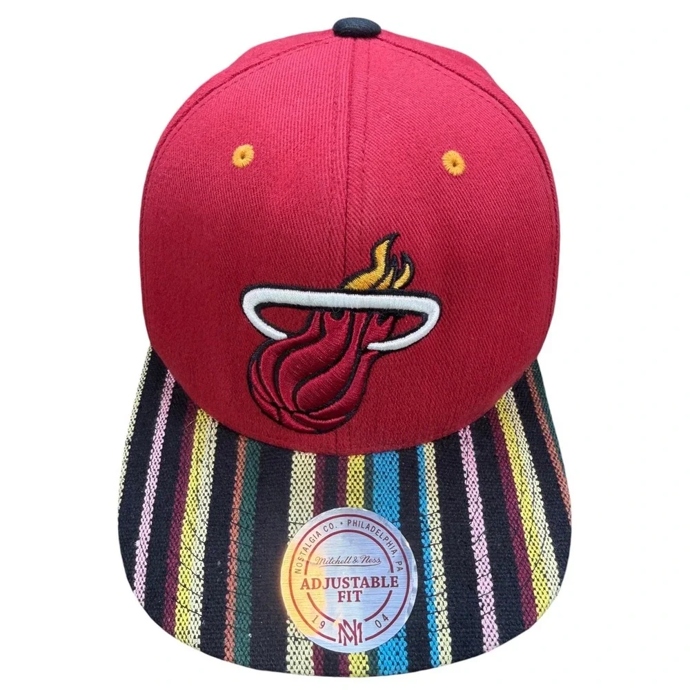 Mitchell & Ness Miami Heat Native Stripe Snapback Hat Red Woven Brim NBA 2014